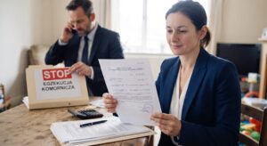 Kobieta w biznesowym stroju czytająca dokument sądowy, a w tle mężczyzna w garniturze przykleja naklejkę 'STOP EGZEKUCJA KOMORNICZA' na segregator